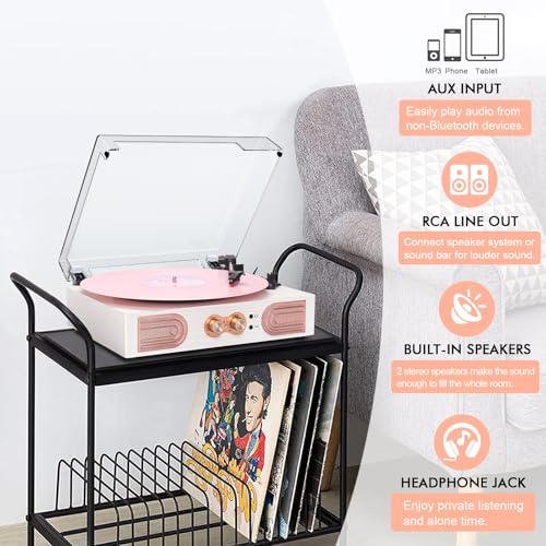 Vinyl Record Player with Built-in Speakers, 3-Speed, White Rose Gold Q78340