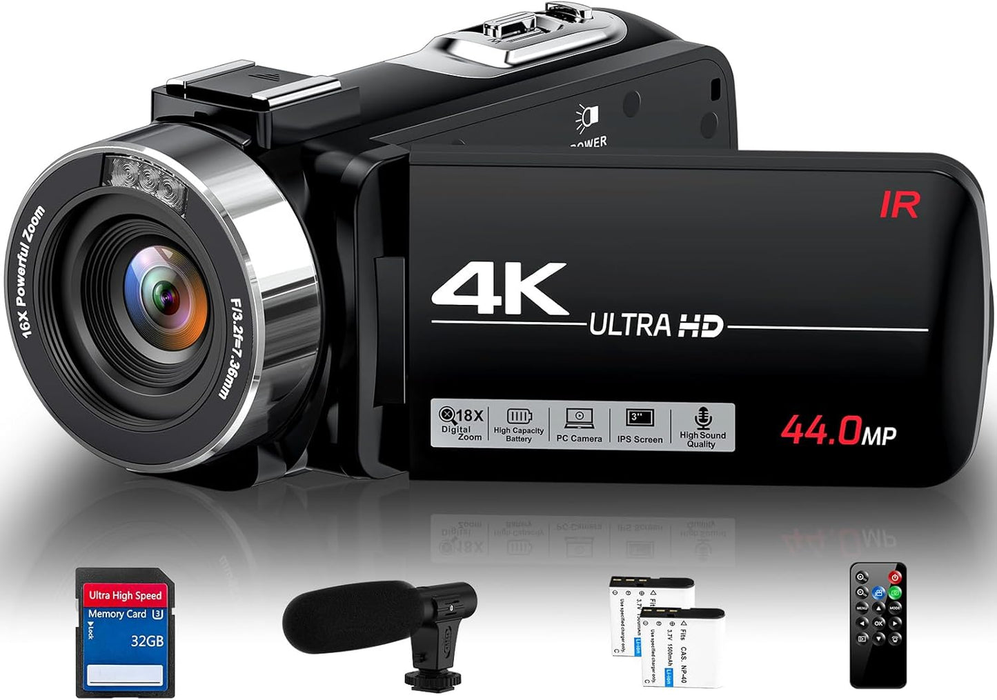 4K Camcorder Video Camera Ultra HD 44MP Vlogging Camera for YouTube 18X Digital Zoom Camcorder 3.0" IPS Screen Video Recorder with External Mic, Controller, 2 Batteries and 32G SD Card