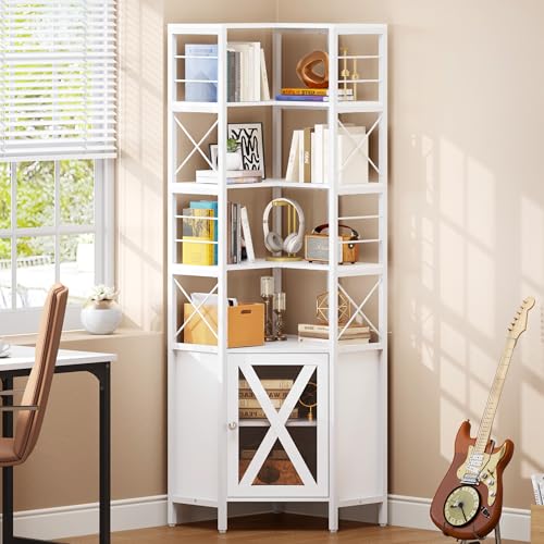 Corner Bookshelf with Storage, 7-Tier Shelf with Doors, White V9182
