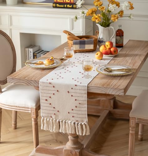 Christmas Table Runner 13 x 90 Inch Natural Cotton Woven with Tassels, Red and Beige U800