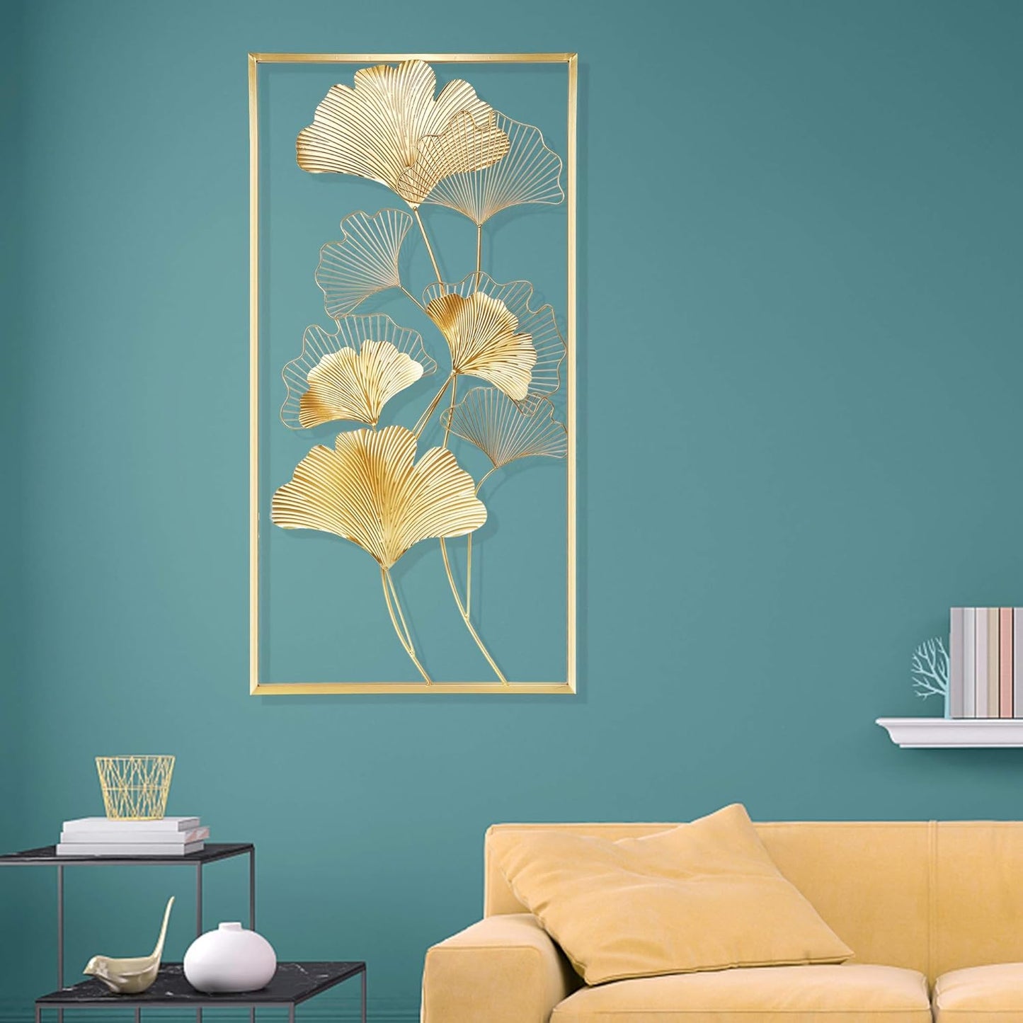 Metal Wall Decor, 39" x 20" Golden Ginkgo Leaf Wall Hanging with Frame K574798