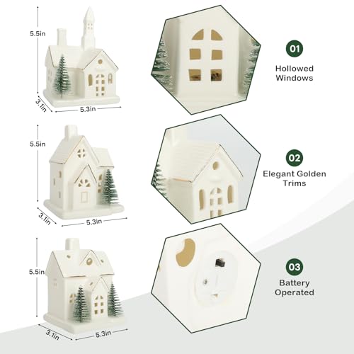 White Ceramic Christmas Village Houses with LED Lights, 3 Pieces with Trees Q945