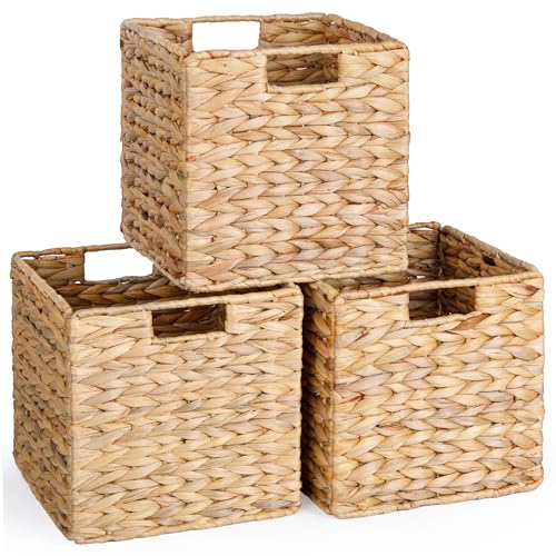 10.5x10.5 Water Hyacinth Storage Baskets, Wicker Baskets for Cube Storage, Collapsible Cube Storage Bins Wicker, Square Baskets for Cube Storage for Ikea Kallax, Basket Set of 3 (Water Hyacinth)