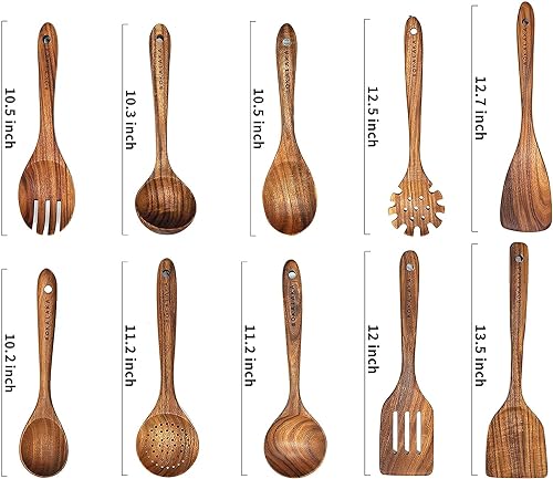 Christmas Wooden Spoons for Cooking, 10 Pcs Natural Teak Kitchen Utensils Set S557967