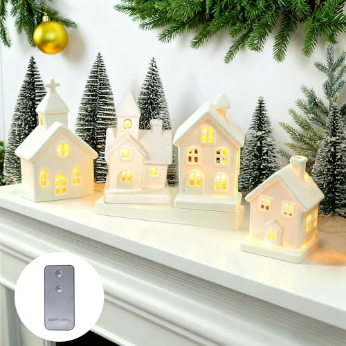 7PCS Christmas Village Sets - 3 LED Lighted Ceramic Houses with Remote & 4 Trees, Porcelain Miniature Decorations X236956