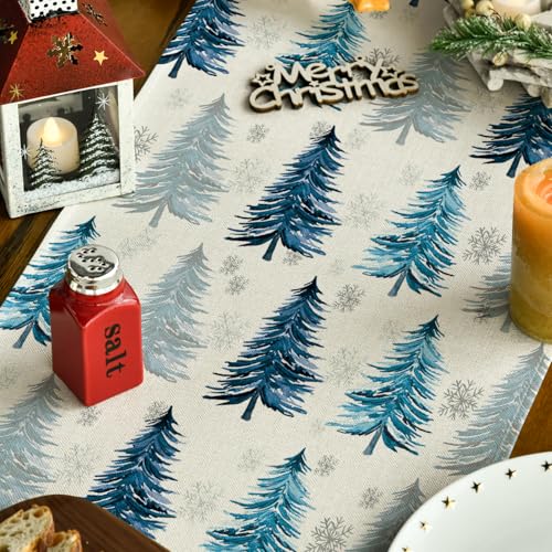Snowflake Christmas Table Runner, Winter Green Kitchen Dining Decoration 13x72 Inch G642
