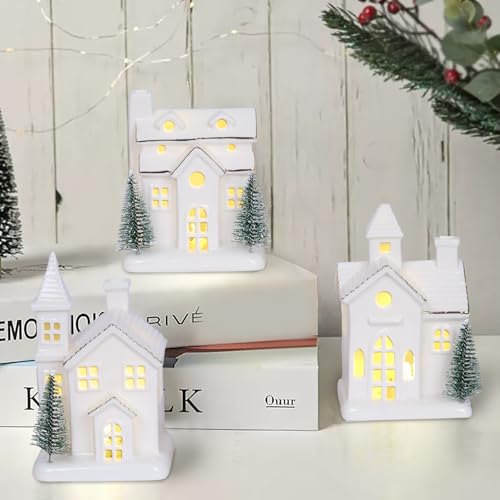 Ceramic Christmas Village Houses with LED Lights and Trees A1762