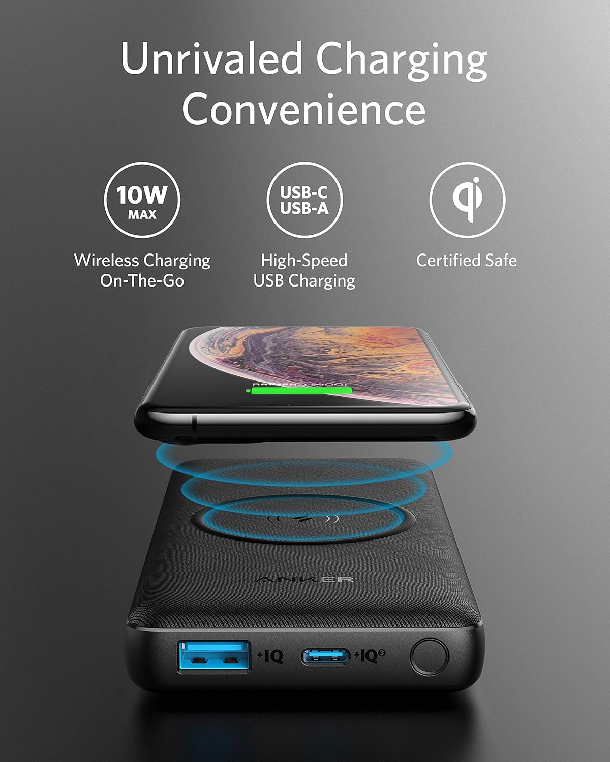10,000 mAh Wireless Portable Charger with 10W Qi-Certified Charging and 18W USB-C Quick Charge O4441