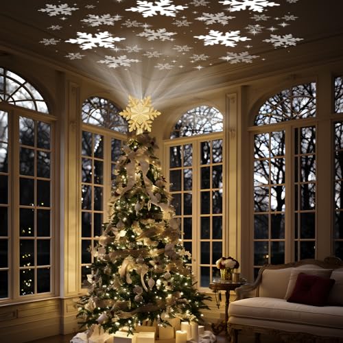 Christmas Tree Topper Lighted with 6 Projection Slides, Snowflake LED Rotating 3D Glitter Tree Topper O28849