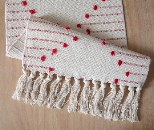 Christmas Table Runner 13 x 90 Inch Natural Cotton Woven with Tassels, Red and Beige U800