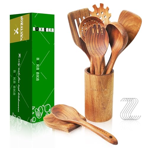 Christmas Wooden Spoons for Cooking, 10 Pcs Natural Teak Kitchen Utensils Set S557967
