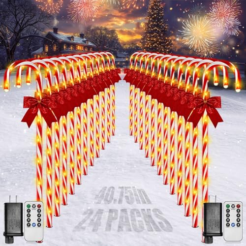 Christmas Solar Candy Cane Pathway Lights, 24PCS 240LED Outdoor Decorations with Red Bow Waterproof E437