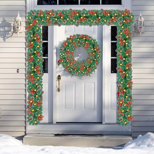 Pre-lit Christmas Garland with LED Lights, Red Flowers and Berries C561701