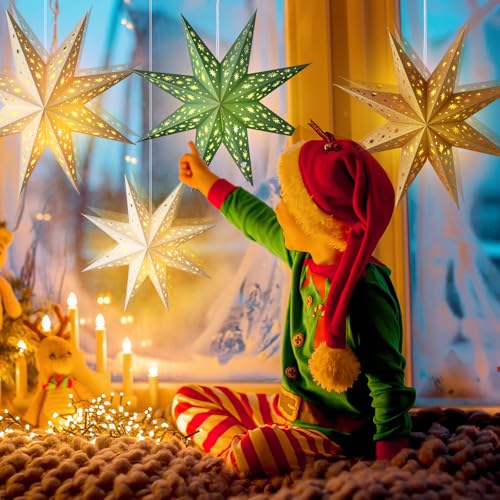 12 Pcs Christmas Paper Star Lantern 9 Point Hanging Ornament with String Light H44991