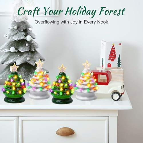5 Inch Mini Ceramic Christmas Tree Set - 4 Pack Pre-lit Tabletop with Multicolored LED Lights H9498