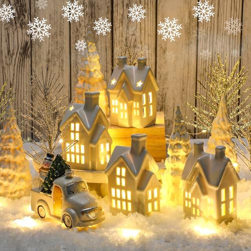 Christmas Village Set of 17 with LED Ceramic Houses and Trees R29364