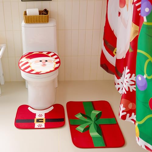 Christmas Bathroom Set with Shower Curtain, Bath Mat, Toilet Cover and Rug Y8183