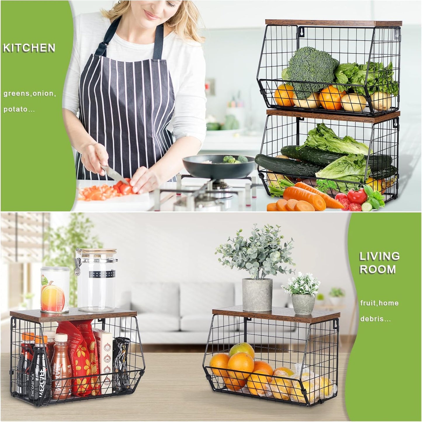 Fruit Basket for Kitchen Counter with Hooks, Stackable Wire Storage L66720