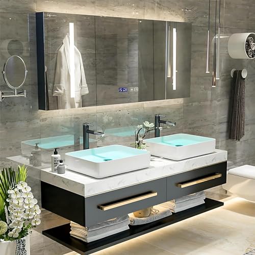 Double Bathroom Bathroom Vanity with Sink - Floating Bathroom Vanity with LED Smart Defog Mirror Cabinet, Solid Wood Bathroom Vanity, Wall Mounted, Stylish Design (Single Sink 36")
