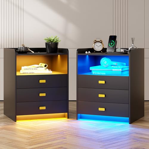 Nightstand with Charging Station, LED Night Stand, End Side Table with 3 Drawers, White P25230