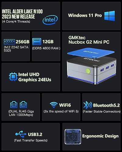 Mini PC Intel N100 Windows 11 Pro 12GB DDR5 256GB SSD Dual LAN 4K Triple Display E5169