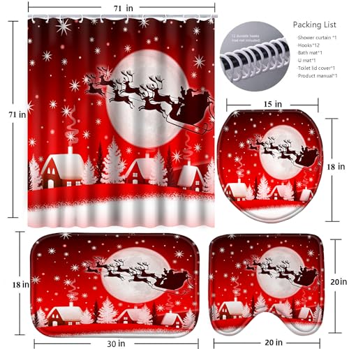Christmas Bathroom Set with Shower Curtain, Rugs, and Hooks A88035