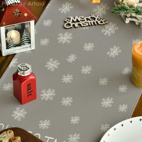 Beige Pine Tree Snowflake Christmas Table Runner, Winter Holiday Kitchen Dining Table Decor, 13 x 72 Inch Z426