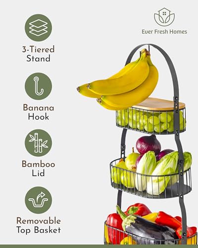 Fruit Basket for Kitchen Counter 3 Tier with Banana Hook and Bamboo Lid T780