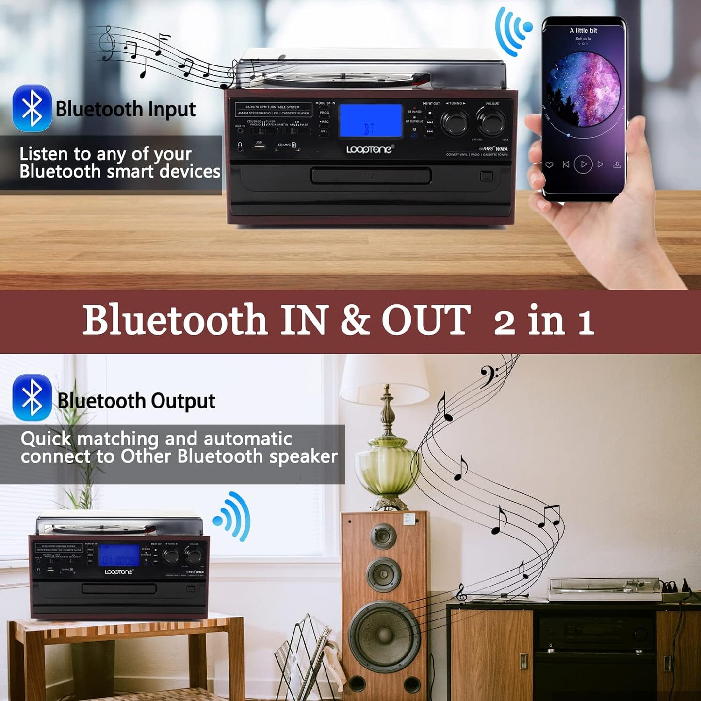 10 in 1 Bluetooth Record Player with CD, Cassette, AM/FM Radio, USB/SD Recorder Q17482