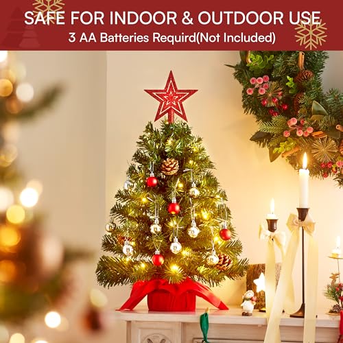 24" Mini Christmas Tree Tabletop Set with LED Lights and Ornaments V8406