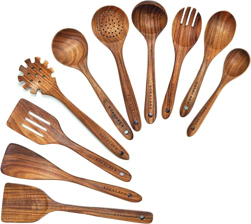 Christmas Wooden Spoons for Cooking, 10 Pcs Natural Teak Kitchen Utensils Set S557967