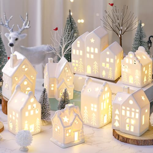 Ceramic Christmas Village Set with LED Houses and Trees H2141