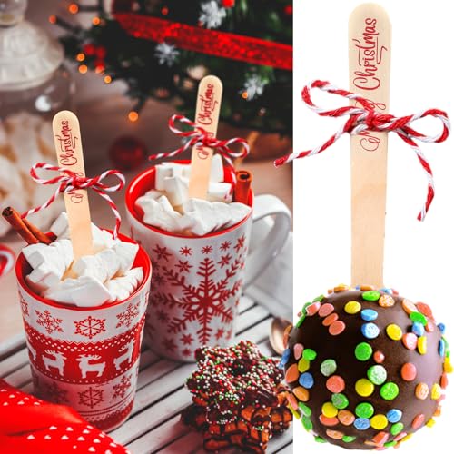 100 Set Christmas Wooden Spoons for Hot Cocoa, Chocolate, and Baking A7471
