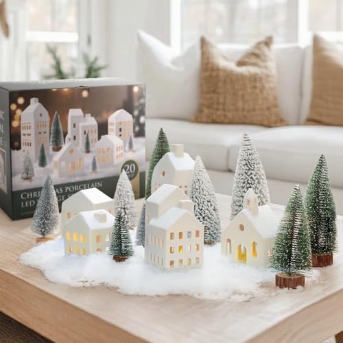 Ceramic Christmas Village Houses with LED Lights and Trees Z2651