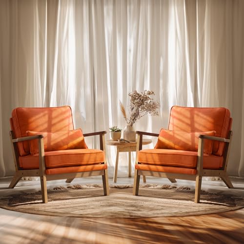 VINGLI Solid Wood Wide Armrests Accent Chair Set of 2,Upholstered Mid Century Modern Chair with Pillow,Comfy Reading Chair,Chairs Living Room,Bedroom,Guest Room,Linen Fabric,Navy Blue