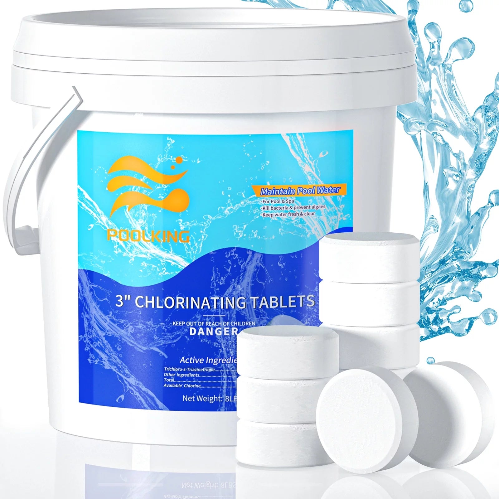 POOLKING Chlorine Tablets 8LB, 3" Inch Individually Wrapped Chlorine Tablets for Pool, Hot Tubs, Spa