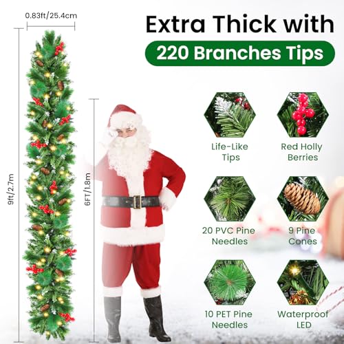 Christmas Garland with Lights, 50 LEDs, 9FT Battery Operated J339360