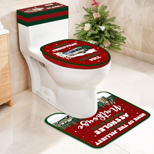 Christmas Vacation Bathroom Decorations, Set of 4 Holiday Toilet Seat Cover Sets with Rug and Tank Cover E112979