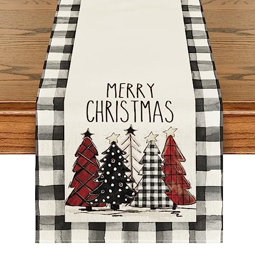 Buffalo Plaid Christmas Trees Table Runner, Winter Holiday Kitchen Dining Decor, 13 x 108 Inch A940