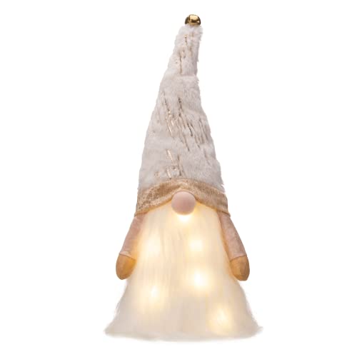 Valery Madelyn Lighted Christmas Tree Topper Gnome with Timer, 16.5 White and Gold Fabric Cute Santa Gnome Tree Topper with LED Lights for Party Ornaments Christmas Decoration Indoor, Battery Operated