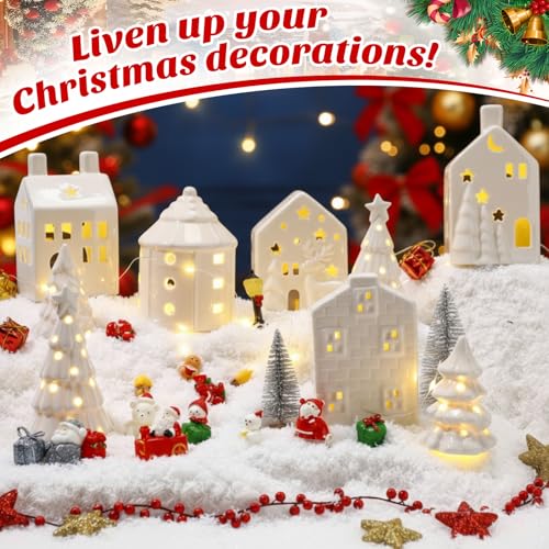 30 Pcs White Christmas Village Set Mini Figurines with LED Lighted Ceramic Houses and Trees I571