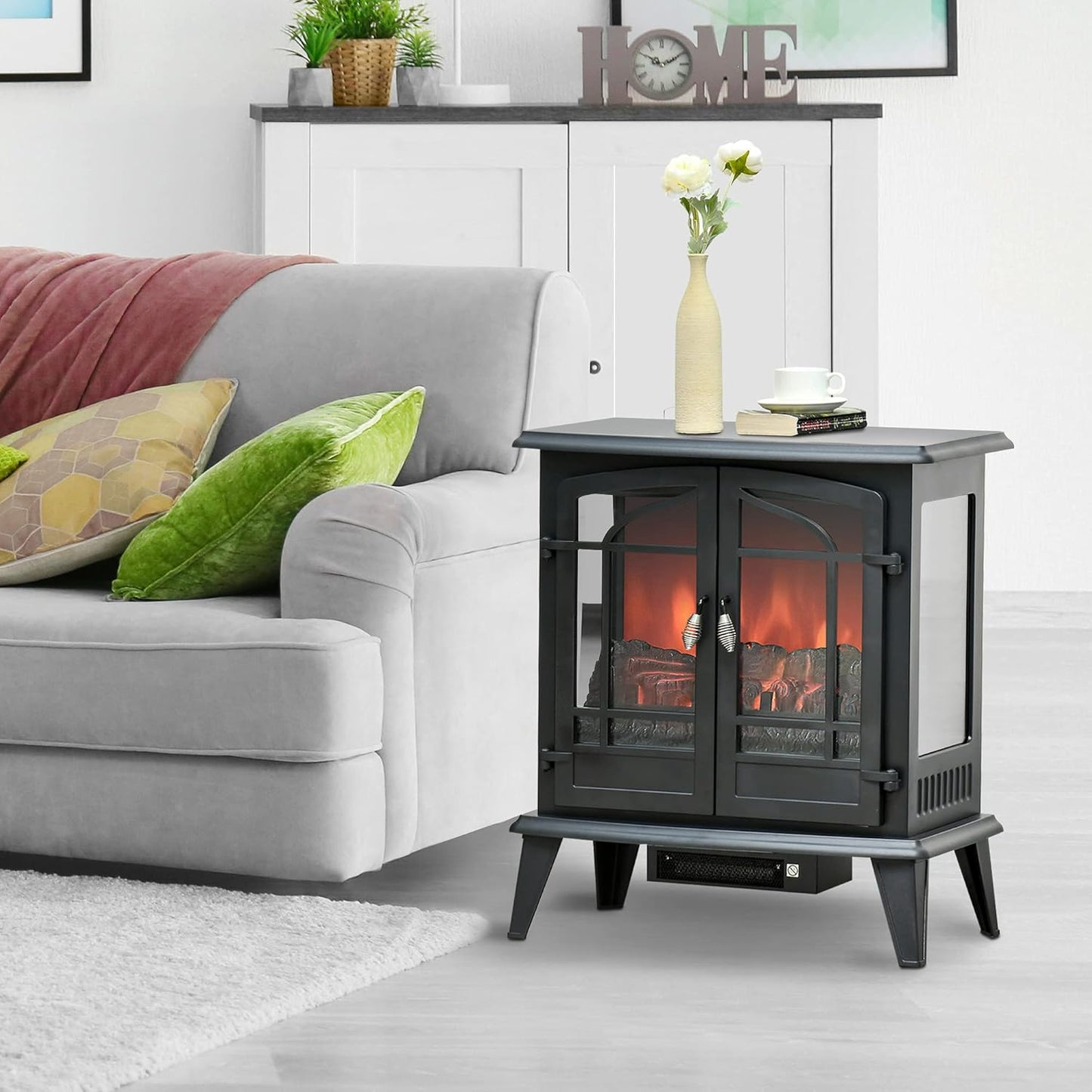 Electric Fireplace Heater, Freestanding Stove with LED Flames, 1400W, Black U41147