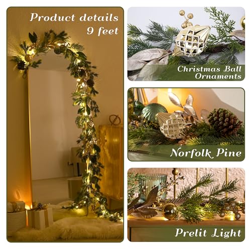Christmas Garland with Lights, 6Ft Prelit for Mantle, Stairs Railing, Green Gold R97358