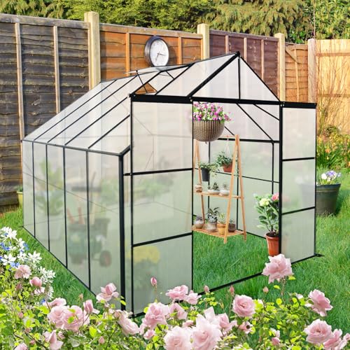 8x10FT Heavy-Duty Walk-in Greenhouse with Double Sliding Doors, Polycarbonate Panels, & Aluminum Frame, All-Season Outdoor Greenhouse with Adjustable Roof, Black