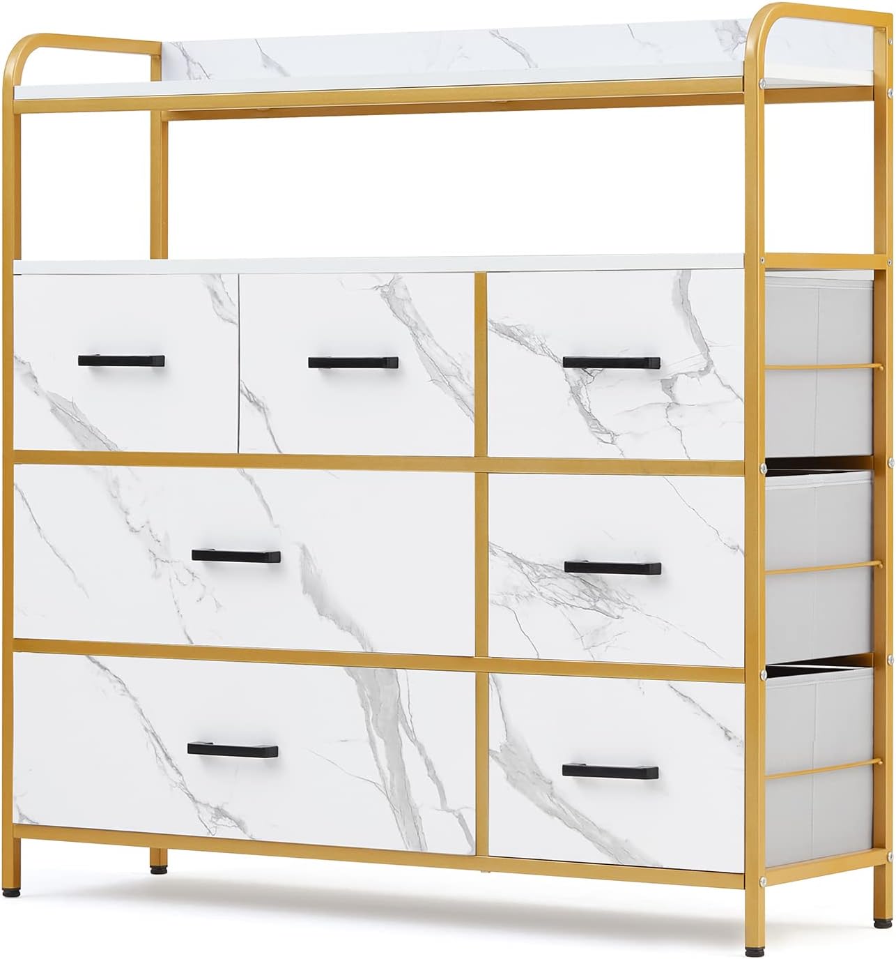 LINSY HOME Dresser for Bedroom, White Chest of Drawers with Double Shelf and 7 Drawers, Storage Organizer for Closet, Living Room, Entryway, Sturdy Steel Frame, Wood Top