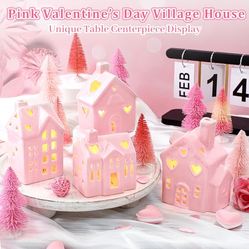 12 Pcs Pink Christmas Ceramic Village Decorations with Lighted Houses and Mini Pine Trees Y816