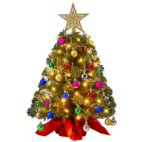 Joiedomi 24"/2FT Mini Christmas Tree Tabletop Set with Clear LED Lights, Artificial Mini Christmas Tree with Star Treetop and Hanging Ornaments, Best DIY Xmas Decorations