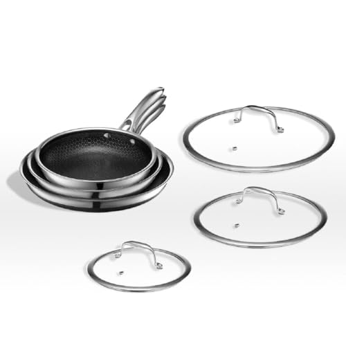 HexClad Hybrid Nonstick 6-Piece Fry Pan Set, 8, 10 and 12-Inch Frying Pans with Tempered Glass Lids, Stay-Cool Handles, Dishwasher and Oven Safe, Induction Ready, Compatible with All Cooktops