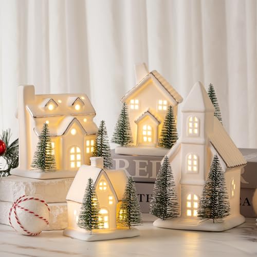 Ceramic Christmas Village Set with LED Light Up Houses and Trees R101786