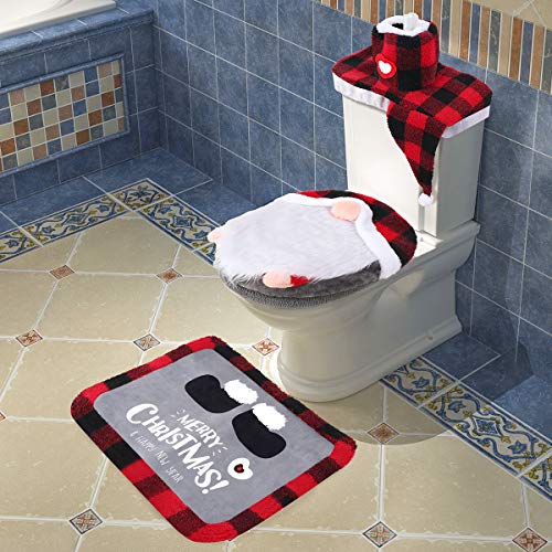 Gnome Toilet Seat Cover and Rug Set of 5, Funny Scandinavian Christmas Bathroom Decorations Q1856